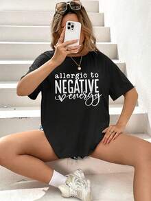 SHEIN Essnce Plus Slogan Graphic Drop Shoulder Tee - Black - View 4