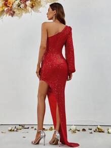 One Shoulder Cut Out Asymmetrical Hem Sequin Dress - Red - View 2