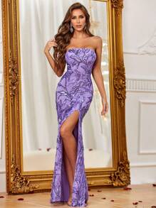Faeriesty Split Thigh Sequin Tube Formal Dress - Purple - View 2