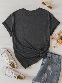 SHEIN LUNE Áo thun nữ Hoa Loại bướm Giải trí - Màu xám đen - Xem 2