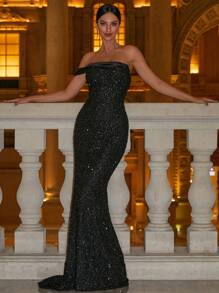 Missord One Shoulder Sequin Formal Dress - Black - View 1