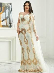 Missord Asymmetrical Neck Sequin Party Dress - Apricot - View 3