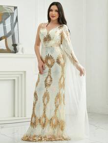 Missord Asymmetrical Neck Sequin Party Dress - Apricot - View 6