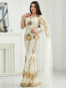 Missord Asymmetrical Neck Sequin Party Dress - Apricot - View 7