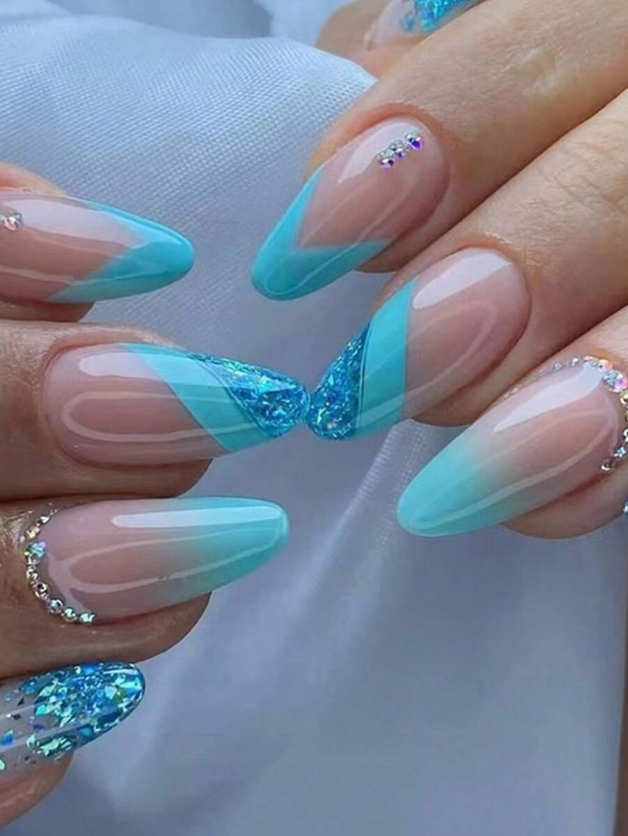 Nâng cấp diện mạo của bạn với 24 chiếc Long Almond Rhinestone Decor Full Cover Bộ móng tay giả - Nhiều màu - Xem 1