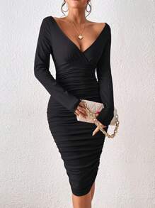 INAWLY Solva Rynkad Omlott Enkel Elegant Klänning - Svart - Visa 1