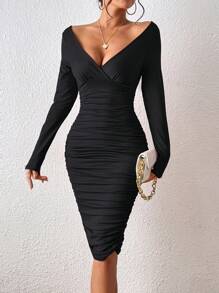 INAWLY Solva Rynkad Omlott Enkel Elegant Klänning - Svart - Visa 5