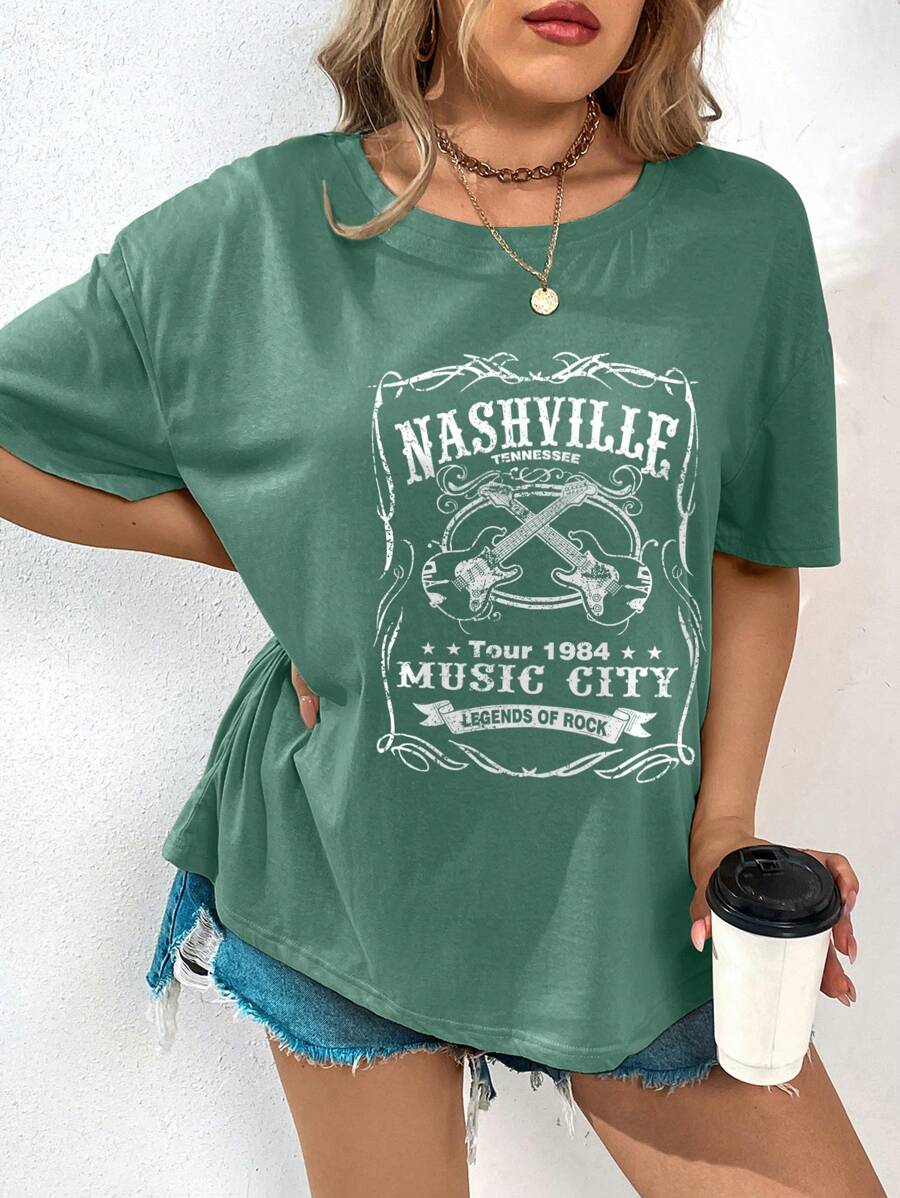 SHEIN LUNE 大碼字母圖案落肩T恤 - 綠色 - 查看 1