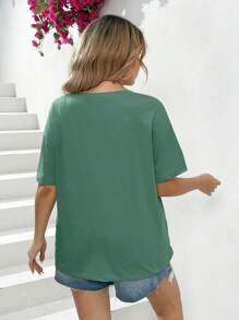 SHEIN LUNE 大碼字母圖案落肩T恤 - 綠色 - 查看 2