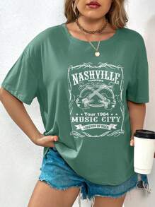 SHEIN LUNE 大碼字母圖案落肩T恤 - 綠色 - 查看 3