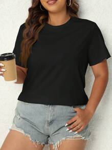 SHEIN LUNE Plus Solid Round Neck Tee - Black - View 4