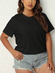 SHEIN LUNE Plus Solid Round Neck Tee - Black - View 6