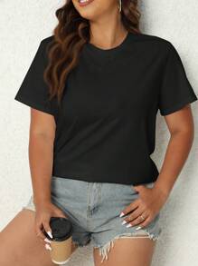 SHEIN LUNE Plus Solid Round Neck Tee - Black - View 7