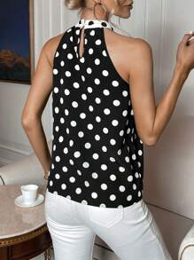 SHEIN Privé Áo sơ mi nữ Nút Thắt nơ trước Chấm bi Giải trí - Đen và trắng - Xem 2