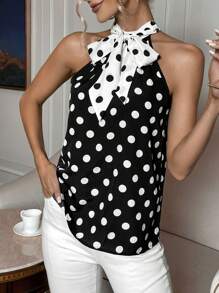 SHEIN Privé Áo sơ mi nữ Nút Thắt nơ trước Chấm bi Giải trí - Đen và trắng - Xem 6