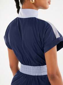 SHEINNeu 撞色補丁貼口袋連身短褲 - 藍色 - 查看 3