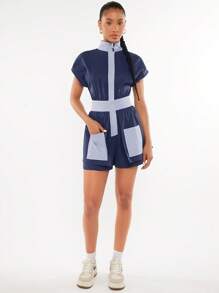 SHEINNeu 撞色補丁貼口袋連身短褲 - 藍色 - 查看 5