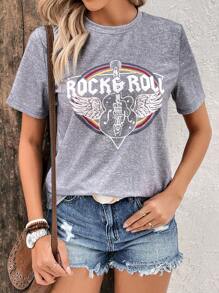 SHEIN LUNE Tricou grafic pentru chitară și litere - Gri - Vizualizare 3