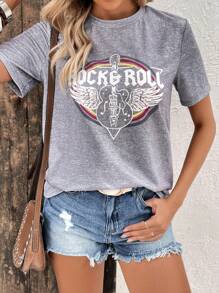 SHEIN LUNE Tricou grafic pentru chitară și litere - Gri - Vizualizare 4