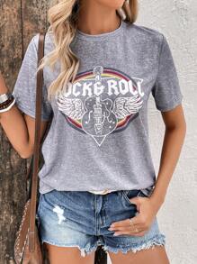 SHEIN LUNE Tricou grafic pentru chitară și litere - Gri - Vizualizare 6