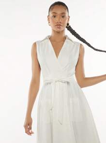 SHEINNeu Solid Belted Shirt Dress - White - View 4