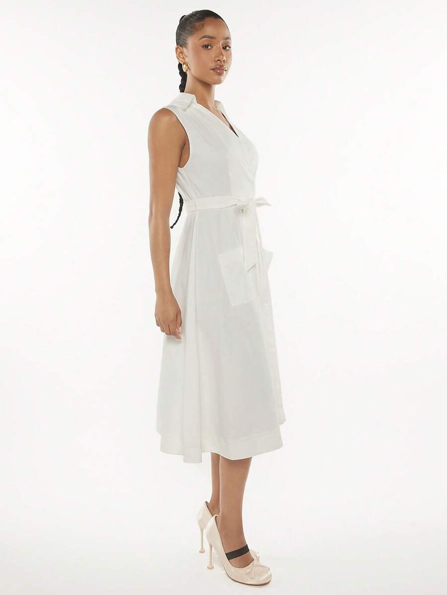 SHEINNeu Solid Belted Shirt Dress - White - View 1