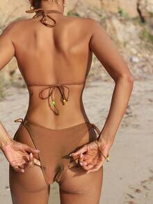 素色吊脖鏈條細節三角杯比基尼泳裝 - 棕色 - 查看 2