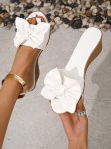 優雅坡跟涼鞋適用於女士蝴蝶結裝飾坡跟涼鞋 - 白色 - 查看 1
