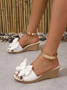 優雅坡跟涼鞋適用於女士蝴蝶結裝飾坡跟涼鞋 - 白色 - 查看 3