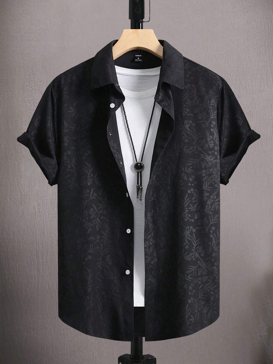 Manfinity Homme 男士提花前排扣襯衫 - 黑色 - 查看 1