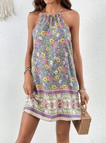 SHEIN VCAY 印花繞頸洋裝 - 藍色 - 查看 5