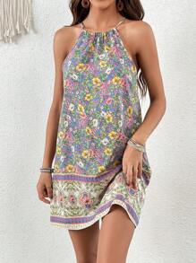 SHEIN VCAY 印花繞頸洋裝 - 藍色 - 查看 4