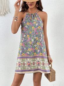 SHEIN VCAY 印花繞頸洋裝 - 藍色 - 查看 1