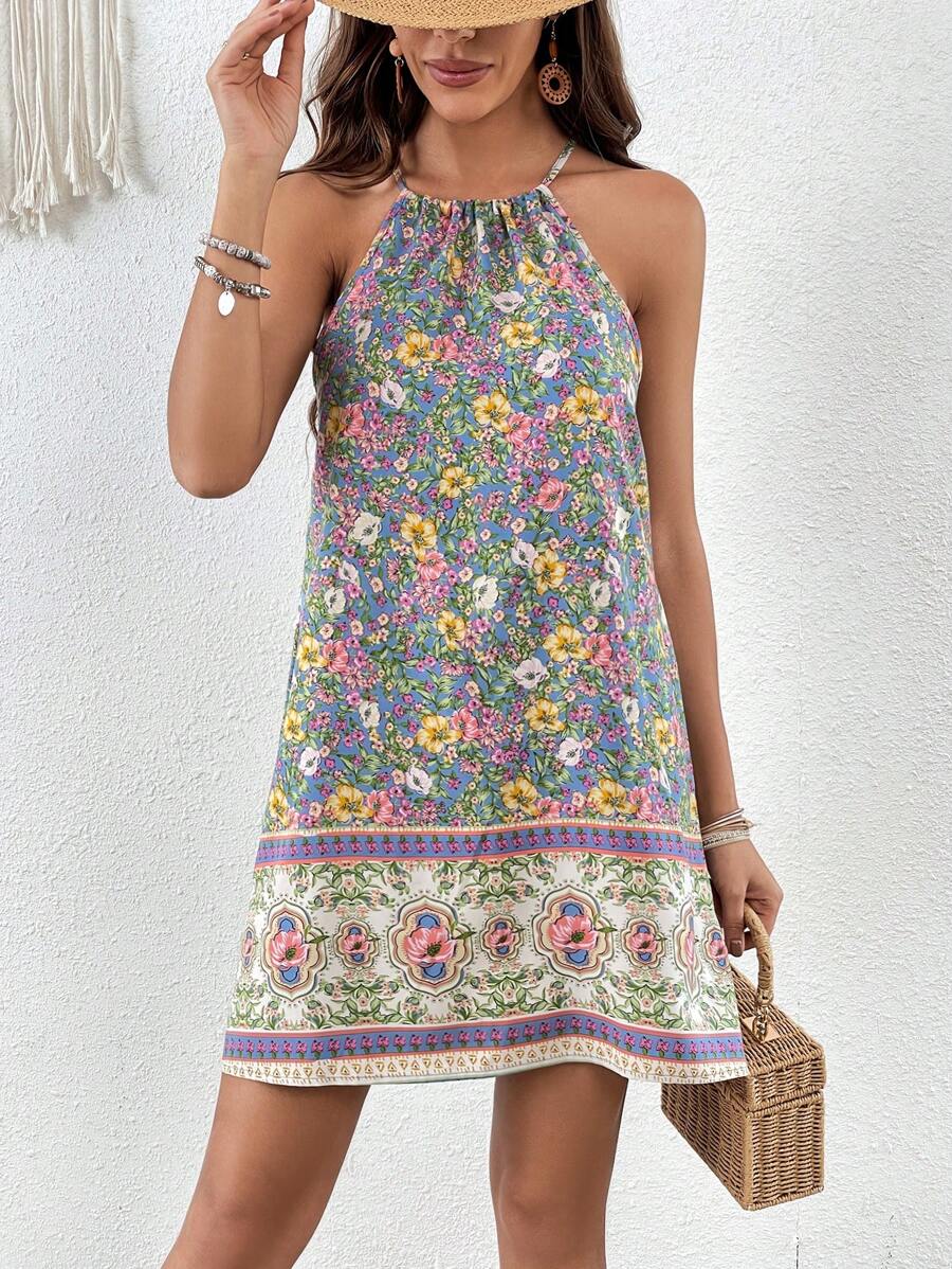 SHEIN VCAY 印花繞頸洋裝 - 藍色 - 查看 1