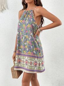 SHEIN VCAY 印花繞頸洋裝 - 藍色 - 查看 6