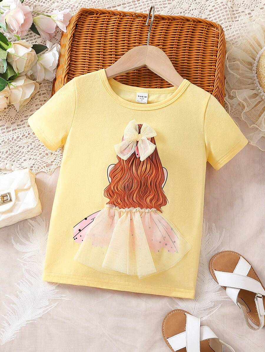 SHEIN 少女圖形對比網眼蝴蝶結前裝t恤 - 黃色 - 查看 1