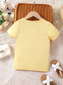 SHEIN 少女圖形對比網眼蝴蝶結前裝t恤 - 黃色 - 查看 2