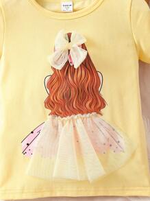 SHEIN 少女圖形對比網眼蝴蝶結前裝t恤 - 黃色 - 查看 4