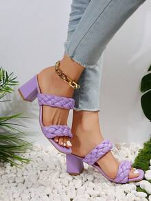度假穆勒涼鞋適用於女士編織細節粗跟涼鞋 - 紫色 - 查看 2