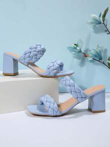 度假穆勒涼鞋適用於女士編織細節粗跟涼鞋 - 藍色 - 查看 4