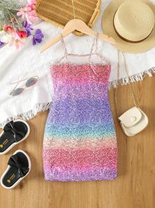 SHEIN Kleine Mädchen Lässig Urlaub Mehrfarbiges Kleid mit großer Schleife, geeignet für Strand, Sommer