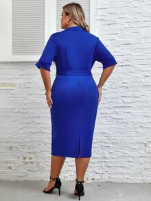 SHEIN Clasi Plus Solid Belted Bodycon Dress - Royal Blue - View 3