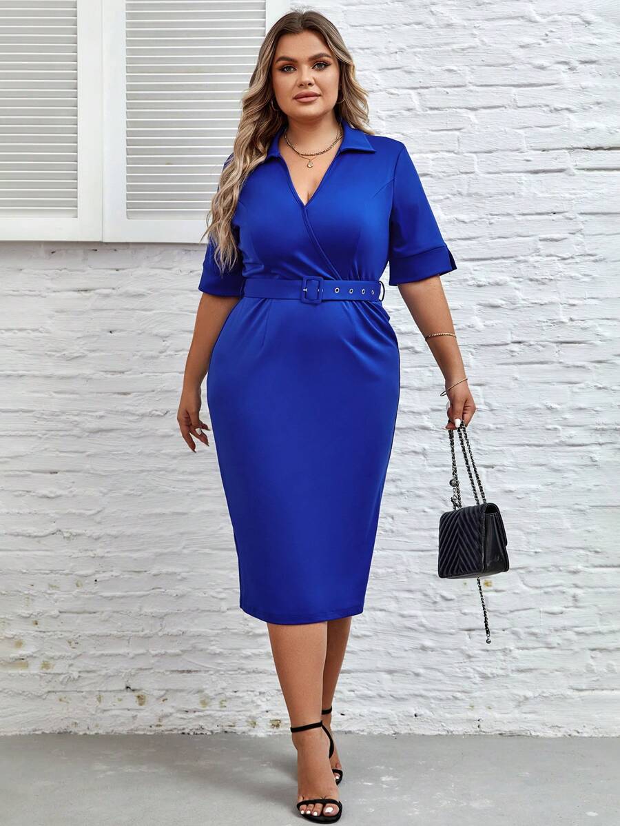SHEIN Clasi Plus Solid Belted Bodycon Dress - Royal Blue - View 1