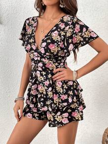 SHEIN VCAY 印花側打結連身短褲 - 黑色 - 查看 4