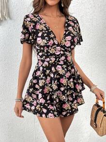 SHEIN VCAY 印花側打結連身短褲 - 黑色 - 查看 5