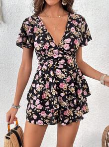 SHEIN VCAY 印花側打結連身短褲 - 黑色 - 查看 7