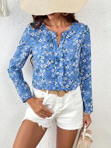 SHEIN Clasi Ditsy Floral Print Notched Neckline Blouse - Blue - View 1