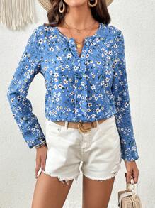 SHEIN Clasi Ditsy Floral Print Notched Neckline Blouse - Blue - View 5
