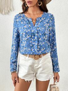 SHEIN Clasi Ditsy Floral Print Notched Neckline Blouse - Blue - View 6