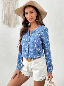 SHEIN Clasi Ditsy Floral Print Notched Neckline Blouse - Blue - View 7